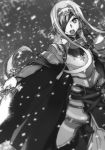  1girl abec alice_schuberg armor armored_dress breastplate cape dress eyepatch floating_hair greyscale hairband highres holding holding_sword holding_weapon long_dress long_hair monochrome novel_illustration official_art open_mouth ponytail shoulder_armor sidelocks solo spaulders standing sword sword_art_online very_long_hair weapon 