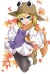  1girl aqua_eyes autumn_leaves black_legwear blonde_hair boots full_body fur-trimmed_boots fur_trim hair_ribbon leaf long_sleeves looking_at_viewer maple_leaf moriya_suwako open_mouth orange_scarf pantyhose purple_vest red_ribbon ribbon scarf skirt solo touhou uumaru vest white_background white_skirt 