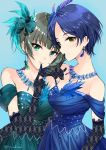  2girls bangs bare_shoulders black_hair blue_background blue_dress blue_eyes blush body_blush bow bracelet breasts brown_hair cleavage collarbone dress earrings elbow_gloves emerald eyelashes feathers flower gloves green_bow green_dress green_eyes hair_bow hair_ornament hayami_kanade heterochromia idolmaster idolmaster_cinderella_girls idolmaster_cinderella_girls_starlight_stage index_finger_raised jewelry looking_at_viewer medium_breasts miyabi_akino mole mole_under_eye multiple_girls mysterious_eyes_(idolmaster) necklace open_mouth parted_bangs parted_lips pearl_bracelet pretty_liar_(idolmaster) purple_background sapphire_(stone) short_hair simple_background smile swept_bangs takagaki_kaede tied_hair yellow_eyes 