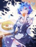  1girl apron black_skirt blue_eyes blue_hair choker detached_sleeves eating eyes_visible_through_hair flower frilled_skirt frills garter_straps hair_flower hair_ornament hair_over_one_eye hair_ribbon head_wreath looking_at_viewer pink_ribbon re:zero_kara_hajimeru_isekai_seikatsu rem_(re:zero) ribbon ribbon-trimmed_sleeves ribbon_trim short_hair skirt solo standing thigh-highs waist_apron wangxiii white_apron white_flower white_legwear 