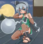  1girl adapted_costume alternate_costume blue_eyes boots dual_wielding expressionless fishnet_gloves fishnet_legwear fishnets gloves holding kabu_(user_wcnr7572) konpaku_youmu konpaku_youmu_(ghost) looking_at_viewer moon night night_sky ninja open_toe_boots open_toe_shoes rooftop sandals sheath sheathed sky squatting sword touhou weapon white_hair 