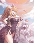  2girls :d armlet bare_shoulders bird black_leotard black_nails blonde_hair blue_eyes bowsette bracelet breasts cleavage clenched_hand clouds collar crown dress earrings fangs gloves hand_on_hip highres horns jewelry kuzel_(bonolangje) leotard long_hair looking_at_viewer luigi&#039;s_mansion super_mario_bros. medium_breasts multiple_girls nail_polish new_super_mario_bros._u_deluxe nintendo open_mouth outdoors pale_skin pointy_ears ponytail princess_king_boo puffy_short_sleeves puffy_sleeves purple_tongue red_eyes short_sleeves sly smile spiked_armlet spiked_bracelet spiked_collar spikes standing strapless strapless_leotard sunset super_crown tongue tongue_out white_dress white_gloves white_hair 