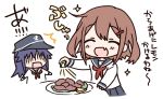  2girls akatsuki_(kantai_collection) anchor_symbol blue_sailor_collar blue_skirt brown_hair closed_eyes commentary_request fang flat_cap food fruit hair_ornament hairclip hat hizuki_yayoi ikazuchi_(kantai_collection) kantai_collection lemon lemon_slice long_hair meat multiple_girls neckerchief open_mouth pleated_skirt purple_hair red_neckwear sailor_collar school_uniform serafuku shaded_face short_hair skirt smile solo_focus translation_request 