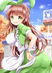  1girl apron ass autumn_leaves bangs blend_s blue_sky blush brand_name_imitation breasts brown_hair building clouds commentary_request company_connection convenience_store dated day dress eyebrows_visible_through_hair flying_sweatdrops gochuumon_wa_usagi_desu_ka? green_dress green_eyes green_ribbon hair_ribbon highres impossible_clothes impossible_dress large_breasts lawson long_hair looking_at_viewer looking_to_the_side maid_apron manga_time_kirara open_mouth outdoors puffy_short_sleeves puffy_sleeves ribbon sakuranomiya_maika shop short_sleeves sky solo standing tree twitter_username ujimatsu_chiya very_long_hair white_apron zenon_(for_achieve) 