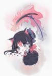  1girl :d animal_ear_fluff animal_ears arm_up aura bangs black_dress black_hair blue_bow blush bow chibi cottontailtokki dress frilled_dress frills grey_background hair_between_eyes hair_bow highres horns long_hair long_sleeves multicolored_hair open_mouth original red_bow redhead scythe shirt sleeveless sleeveless_dress smile solo streaked_hair tail upper_teeth white_shirt 