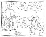  1boy 1girl borrowed_character bowsette breasts cabbie_hat cleavage comic crown dress earrings english facial_hair genderswap genderswap_(mtf) greyscale hat horns humanization jewelry large_breasts lineart mario super_mario_bros. matsu-sensei monochrome mustache new_super_mario_bros._u_deluxe nintendo ponytail simple_background sketch speech_bubble spiked_shell super_crown sweatdrop tail text_focus white_background 