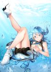  1girl aqua_eyes blue_hair boots hair_ornament highres long_hair original ribbon saraki smile solo underwater 