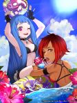  2girls ;d armband arms_up ball beachball black_gloves blue_hair blue_sky clouds company_name dark_skin day drink drinking drinking_straw fingerless_gloves flower glass gloves hibiscus looking_at_viewer multiple_girls navel o-ring official_art one_eye_closed open_mouth orange_eyes outdoors pale_skin red_bikini_top redhead sky smile straw sun sunlight violet_eyes water yuu_(higashi_no_penguin) 