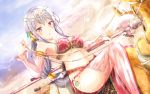  1girl 2018 animal arabian_clothes arrow artist_name axe bangs bare_shoulders beads blush bra breasts camel clouds commentary_request dated day girlfriend_(kari) hair_ornament harem_outfit head_chain highres holding holding_axe holding_weapon jewelry long_hair looking_at_viewer low-tied_long_hair masa_(mirage77) medium_breasts midriff navel necklace o-ring open_mouth outdoors partial_commentary pink_bra ponytail print_bra reins revealing_clothes ring saddle saddlebags shigeto_akiho silver_hair sitting sky solo underwear violet_eyes wallpaper weapon 