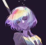  1other androgynous closed_eyes colored_eyelashes dark_background diamond_(houseki_no_kuni) ez_1011 gem_uniform_(houseki_no_kuni) glowing glowing_hair houseki_no_kuni lips multicolored_hair necktie rainbow_hair short_hair solo upper_body 