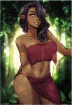  1girl armlet artist_name black_hair breasts chain chains collarbone cowboy_shot dark_elf dark_skin elf forest gold gold_chain hair_over_one_eye iahfy jewelry medium_breasts midriff nature navel original outdoors parted_lips pointy_ears smile solo yellow_eyes 