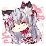  1girl animal_ear_fluff animal_ears bangs blush cat_ears character_name chibi commentary_request eyebrows_visible_through_hair hair_between_eyes hair_ornament hair_scrunchie layered_skirt long_hair long_sleeves ooji_cha original oziko_(ooji_cha) polka_dot polka_dot_scrunchie red_scrunchie red_skirt ribbed_sweater scrunchie silver_hair skirt sleeves_past_wrists solo sparkle striped sweater two_side_up vertical-striped_skirt vertical_stripes very_long_hair white_sweater 