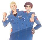  2boys arm_around_shoulder arm_around_waist black_hair blonde_hair brothers clenched_hand closed_eyes facial_hair hand_on_hip jumpsuit male_focus multiple_boys nanba_hibito nanba_mutta popped_collar shin_(pixiv19241321) siblings simple_background smile standing stubble uchuu_kyoudai white_background zipper 
