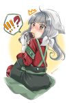  !? artist_request brown_eyes commentary_request food gloves grey_hair head_scarf highres kantai_collection kasumi_(kantai_collection) long_sleeves pants question_mark side_ponytail simple_background sweet_potato track_suit twitter_username white_gloves yakiimo 