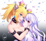  2girls armlet black_dress blonde_hair blue_eyes bowsette bracelet breasts cleavage collar dress eyebrows_visible_through_hair fang floating_hair gradient gradient_background hair_between_eyes highres horns hug jewelry long_hair looking_at_viewer super_mario_bros. medium_breasts multiple_girls new_super_mario_bros._u_deluxe nintendo open_mouth pink_eyes ponytail princess_king_boo shiny shiny_hair signature silver_hair smile strapless strapless_dress yuniiho 