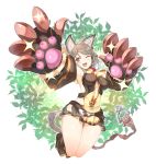  10s 1girl ;d animal_ears bangs blush breasts center_opening claw_(weapon) claws collar erun_(granblue_fantasy) eyebrows eyebrows_visible_through_hair fang ganesagi granblue_fantasy grey_hair highres hip_vent jumping large_breasts looking_at_viewer one_eye_closed open_mouth red_eyes sen_(granblue_fantasy) short_hair skirt smile solo weapon 