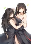  2girls absurdres alternate_costume armpits asymmetrical_docking bangs black_dress black_hair black_ribbon blonde_hair braid breast_press breasts brown_eyes brown_hair bullet cleavage collarbone dancing dress eyebrows_visible_through_hair eyepatch flying_heart girls_frontline green_hair hair_between_eyes hair_over_shoulder hair_ribbon halter_dress hand_holding hansal highres jewelry long_hair looking_at_viewer m16a1_(girls_frontline) m4a1_(girls_frontline) medium_breasts mole mole_under_eye multicolored_hair multiple_girls necklace open_mouth ribbon scar sidelocks simple_background single_braid smile strapless strapless_dress streaked_hair white_background 