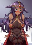  1girl animal_ears aqua_eyes blush breasts closed_mouth commentary_request dark_skin fate/grand_order fate_(series) gem head_chain jewelry kisaragi_nana large_breasts long_hair looking_at_viewer navel purple_hair queen_of_sheba_(fate/grand_order) sitting smile sweat 