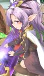  1girl blush cape dress from_side granblue_fantasy hair_ornament harvin instrument leglus looking_at_viewer nio_(granblue_fantasy) pointy_ears ponytail purple_hair thigh-highs violet_eyes wheel 