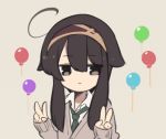  1girl :| balloon bangs brown_background brown_cardigan brown_eyes brown_hair brown_hairband cardigan closed_mouth collared_shirt commentary_request double_v eyebrows_visible_through_hair green_neckwear hair_between_eyes hairband hands_up long_sleeves looking_at_viewer natsuki_teru necktie original shikibe_ayaka shirt simple_background sleeves_past_fingers sleeves_past_wrists solo upper_body v white_shirt 