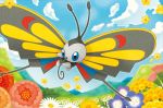  beautifly blue_eyes blue_sky bug butterfly clouds cloudy_sky creature day flower flying full_body gen_3_pokemon grass insect nature no_humans official_art outdoors pokemon pokemon_(creature) pokemon_trading_card_game sky solo third-party_source 