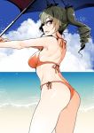  1girl anchovy ass bangs beach bikini black_ribbon blue_skirt breasts clouds cloudy_sky commentary cowboy_shot day drill_hair eyebrows_visible_through_hair from_side girls_und_panzer green_hair hair_ribbon highres holding holding_umbrella light_particles long_hair looking_at_viewer looking_back medium_breasts nakasone_haiji ocean open_mouth orange_bikini outdoors red_eyes ribbon side-tie_bikini skirt sky smile solo standing swimsuit thighs twin_drills twintails umbrella 