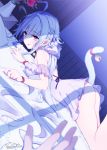  1girl ass bangs bare_shoulders bed_sheet bell blue_hair blurry blurry_foreground bow breasts cat_tail closed_mouth depth_of_field dress ear_piercing earrings eyebrows_visible_through_hair fingernails flower highres jewelry jingle_bell large_breasts looking_at_viewer looking_to_the_side lying minamoto_mamechichi nail_polish on_stomach original piercing pillow purple_nails red_eyes red_flower sidelocks signature solo_focus tail tail_bell tail_raised tongue tongue_out vase white_bow white_dress 