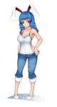  1girl alternate_costume animal_ears aoshima bangs bare_arms bare_shoulders blue_hair breasts camisole casual cleavage collarbone commentary_request contemporary covered_navel denim drill_hair full_body highres jeans large_breasts long_hair looking_at_viewer pants rabbit_ears red_eyes seiran_(touhou) shoes sideboob simple_background solo spaghetti_strap standing thighs touhou twin_drills white_background white_footwear 