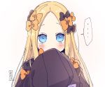  ... 1girl abigail_williams_(fate/grand_order) bangs black_bow black_dress blonde_hair blue_eyes blush bow covered_mouth dress eyebrows_visible_through_hair fate/grand_order fate_(series) forehead hair_bow long_hair long_sleeves looking_at_viewer no_hat no_headwear orange_bow parted_bangs simple_background sleeves_past_fingers sleeves_past_wrists sofra solo spoken_ellipsis upper_body very_long_hair white_background 