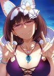  1girl animal_ears bangs bikini blunt_bangs blush breasts brown_hair cleavage fate_(series) glasses hair_ornament large_breasts looking_at_viewer osakabe-hime_(fate/grand_order) puyo solo swimsuit twintails upper_body violet_eyes 