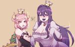  2girls bowsette bowsette_(cosplay) bracelet breasts cleavage cosplay crossover elbow_gloves fabuwhatsoeverfox gloves highres jewelry large_breasts long_hair looking_at_viewer super_mario_bros. multiple_girls natsuki_(doki_doki_literature_club) nintendo pink_hair princess_king_boo princess_king_boo_(cosplay) purple_hair short_hair size_difference small_breasts spiked_bracelet spikes super_crown super_mario_bros. tail yuri_(doki_doki_literature_club) 