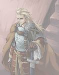  1boy armor blonde_hair blue_eyes brown_gloves gloves graphite_(medium) gustave_xiii long_hair saga saga_frontier_2 sheath solo stairs standing sword traditional_media weapon yokutsuki_noa 