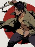  1boy black_hair buttons coat drawing_sword ears golden_kamuy hair_slicked_back holding holding_sheath holding_sword holding_weapon jacket japanese_flag koito_otonoshin lanyard long_sleeves military military_uniform nyarulake pants saber_(weapon) sheath short_hair simple_background solo standing sword trench_coat uniform weapon 