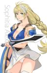  1girl ahoge armor bangs blonde_hair blue_eyes braid breasts character_name cleavage collarbone commentary_request covered_nipples dress hair_between_eyes hair_ornament highres holding holding_shield holding_sword holding_weapon large_breasts long_hair panties parted_lips pauldrons shield shoulder_armor single_braid skirt solo sophitia_alexandra soul_calibur sword tetsu_(kimuchi) underwear weapon white_dress white_panties 