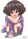  1girl akiyama_yukari all_fours arm_support bangs barefoot blush brown_eyes brown_hair claw_pose commentary excel_(shena) eyebrows_visible_through_hair full-face_blush full_body girls_und_panzer highres japanese_clothes kimono kimono_pull kneeling long_sleeves looking_at_viewer messy_hair open_mouth pink_kimono shadow short_hair simple_background smile solo white_background wide_sleeves 
