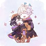  1boy 1girl black_hair chibi closed_eyes father_and_daughter fire_emblem fire_emblem:_kakusei fire_emblem_heroes flag hand_on_another&#039;s_head highres hood hood_down hug long_sleeves male_my_unit_(fire_emblem:_kakusei) mark_(female)_(fire_emblem) mark_(fire_emblem) my_unit_(fire_emblem:_kakusei) nintendo open_mouth robe short_hair standing white_hair xin_(24914) 