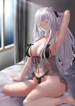  1girl ak-12_(girls_frontline) bed bedroom black_bra black_panties bra breasts cleavage closed_mouth eyebrows_visible_through_hair girls_frontline hair_ribbon highres large_breasts long_hair moonlight on_bed panties ribbon sam_(metalibon) silver_hair sitting sitting_on_bed solo underwear very_long_hair wariza window 