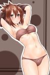 1girl armpits bandeau blush breasts brown_eyes brown_hair cleavage cover_(cover_re) dutch_angle eyebrows_visible_through_hair frown groin hair_between_eyes highres looking_at_viewer medium_breasts navel original outline short_hair thighs undressing white_outline 
