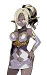  1girl artist_request black_skin breasts circlet cleavage dark_elf detached_collar detached_sleeves dress earrings elf grey_hair hair_ornament hand_on_hip jewelry large_breasts long_hair looking_at_viewer mirina navel navel_cutout official_art pointy_ears sekaiju_no_meikyuu sekaiju_no_meikyuu_5 smile solo strapless strapless_dress violet_eyes white_dress white_sleeves 