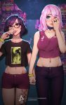  2girls blue_eyes choker commentary covering_face crop_top english_commentary erica_june_lahaie fingers_to_mouth glasses hand_holding highres jewelry leg_tattoo light_particles lips midriff multiple_girls nail_polish navel nightclub original pants patreon_username pink_hair poster_(object) purple_hair red_eyes ring shirt short_hair shorts t-shirt tattoo wristband 