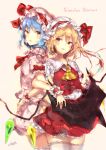  2girls artist_name ascot bangs bat_wings beige_background blonde_hair blue_hair blush bow breasts collarbone commentary_request cowboy_shot crystal dated dress eyebrows_visible_through_hair flandre_scarlet frilled_shirt_collar frills hair_between_eyes hat hat_ribbon head_tilt highres locked_arms long_hair looking_at_another looking_at_viewer miniskirt mob_cap multiple_girls one_side_up petticoat pink_dress pink_hat puffy_short_sleeves puffy_sleeves red_bow red_eyes red_neckwear red_ribbon red_skirt red_vest remilia_scarlet ribbon sakusyo shirt short_dress short_hair short_sleeves siblings signature simple_background sisters skirt skirt_set small_breasts smile standing thigh-highs touhou vest white_hat white_legwear white_shirt wing_grab wings wrist_cuffs yellow_neckwear zettai_ryouiki 