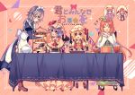  &gt;_&lt; 6+girls :d ^_^ apron ascot bangs bat_wings black_dress black_footwear blonde_hair blue_bow blue_dress blue_eyes blue_hair blue_neckwear blue_ribbon blush boots bow bowl breasts brown_footwear cake capelet center_frills chair closed_eyes closed_eyes crescent crystal diagonal-striped_background diagonal_stripes double_v dress eye_contact eyebrows_visible_through_hair fangs flandre_scarlet food frilled_apron frilled_shirt_collar frills from_side full_body green_dress green_hat hair_between_eyes hair_bow hand_up handkerchief hands_up hat hat_bow hat_ribbon high_heels holding hong_meiling hourglass izayoi_sakuya juliet_sleeves kirero koakuma loafers long_hair long_sleeves looking_at_another maid maid_apron maid_headdress medium_breasts mob_cap multiple_girls neck_ribbon one_side_up open_mouth orange_hair own_hands_together patchouli_knowledge petticoat pink_background pink_dress pink_hat pitcher plate pointy_ears profile puffy_sleeves purple_hair red_bow red_eyes red_footwear red_neckwear red_ribbon red_vest redhead remilia_scarlet ribbon shirt shoes short_hair siblings sidelocks silver_hair sisters sitting smile standing striped striped_background table tablecloth teapot tiered_tray touhou translation_request triangle v very_long_hair vest violet_eyes white_apron white_hat white_shirt wings wrist_cuffs yellow_neckwear 