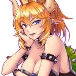  1girl armlet bare_shoulders blonde_hair blue_eyes bowsette bracelet breasts cleavage collar commentary_request crown eyebrows_visible_through_hair highres horns jewelry large_breasts looking_at_viewer super_mario_bros. mikannsisyou new_super_mario_bros._u_deluxe nintendo pointy_ears sharp_teeth short_hair simple_background solo spiked_armlet spiked_bracelet spiked_collar spikes super_crown teeth upper_body white_background 