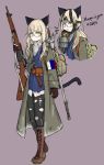  1girl animal_ears blonde_hair boots cat_ears cat_tail cross-laced_footwear eyebrows_visible_through_hair french_flag gas_mask glasses gun highres lace-up_boots long_hair looking_at_viewer mas-36 multiple_views pantyhose perrine_h_clostermann purple_background rapier rifle sergius_c._yoh solo strike_witches sword tail torn_clothes torn_pantyhose weapon world_witches_series yellow_eyes 