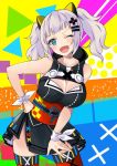  1girl ;d bangs blue_eyes blush breasts cleavage cleavage_cutout contrapposto cowboy_shot dress fang hair_ornament hairclip hand_on_hip head_tilt highres kaguya_luna kaguya_luna_(character) long_hair looking_at_viewer medium_breasts multicolored multicolored_background obi one_eye_closed open_mouth ribbon ryun025 sash silver_hair sleeveless sleeveless_dress smile solo standing thigh-highs triangle twintails virtual_youtuber wrist_ribbon 