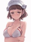  1girl alternate_costume arm_at_side arm_under_breasts bangs bare_shoulders bikini blunt_bangs breasts brown-framed_eyewear brown_eyes brown_hair cleavage collarbone glasses hat holding_arm kantai_collection large_breasts looking_at_viewer pince-nez rokuwata_tomoe roma_(kantai_collection) round_eyewear short_hair simple_background solo swimsuit upper_body wavy_hair wet white_bikini 