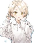  1girl artist_name blonde_hair commentary drawstring earrings english_commentary hair_tucking heart heart_earrings highres hood hood_down jewelry long_sleeves looking_at_viewer mole mole_under_eye open_mouth original short_hair simple_background sleeves_past_wrists solo takenoko_no_you upper_body white_background white_hoodie 