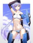  1girl arm_above_head armpits black_legwear blue_eyes blue_hair blue_sky border breasts clouds contrapposto elbow_gloves eyebrows_visible_through_hair frame_arms_girl gloves gluteal_fold groin groin_tendon hair_between_eyes highres long_hair looking_at_viewer mecha_musume misenouchi navel outside_border panties skindentation sky small_breasts solo striped striped_panties stylet thigh-highs twintails underwear white_border 