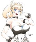  1girl armlet bare_shoulders black_dress black_nails blonde_hair blue_earrings blue_eyes bowsette breasts brooch cleavage collar covered_navel crown dated dress eyebrows_visible_through_hair fingernails hand_on_hip horns jewelry large_breasts lips long_hair looking_at_viewer super_mario_bros. medium_hair nail_polish new_super_mario_bros._u_deluxe nintendo ojou-sama_pose open_mouth pointy_ears ponytail sharp_fingernails sharp_teeth slit_pupils solo strapless strapless_dress studded_armlet studded_bracelet studded_collar super_crown teeth thick_eyebrows tsukudani_(coke-buta) 