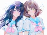  2girls 3: beamed_eighth_notes black_hair blue_sailor_collar blush breasts brown_hair eighth_note hibike!_euphonium kousaka_reina long_hair looking_at_viewer medium_breasts mery_(apfl0515) multiple_girls musical_note oumae_kumiko sailor_collar upper_body violet_eyes yellow_eyes 